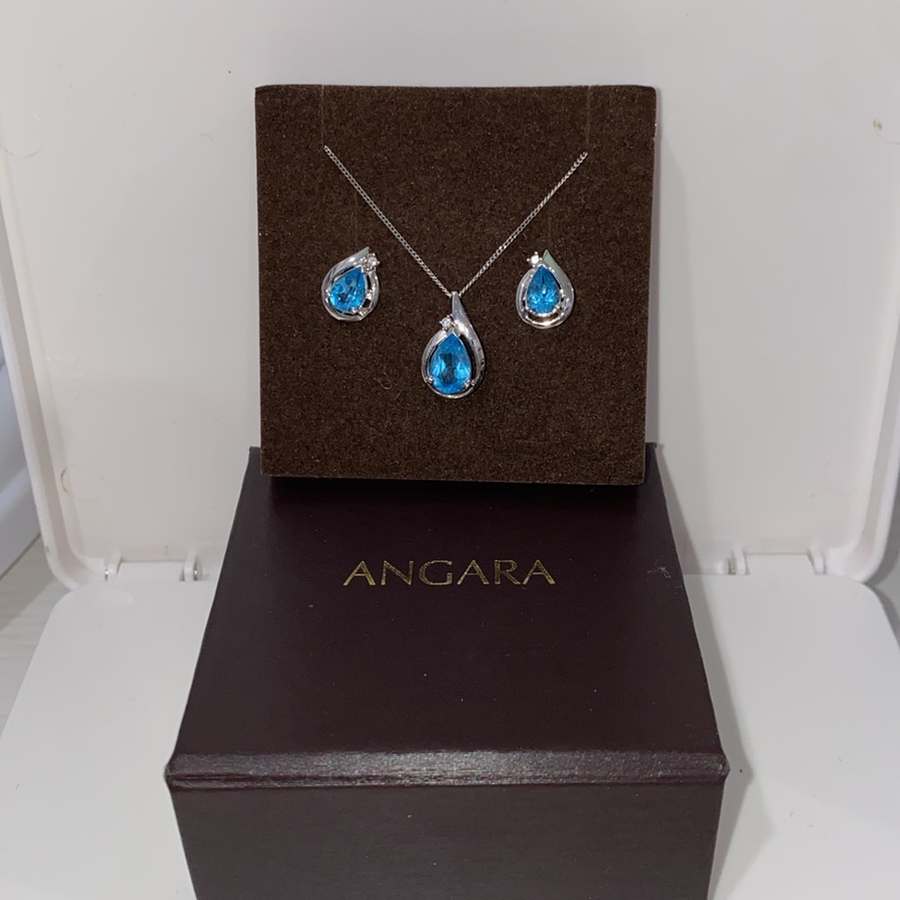Angara Swiss Blue Topaz & Diamond Necklace & And Studded Earrings